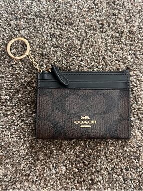 Coach Brown Signature Canvas Card Case with Black Trim & Gold Keyring